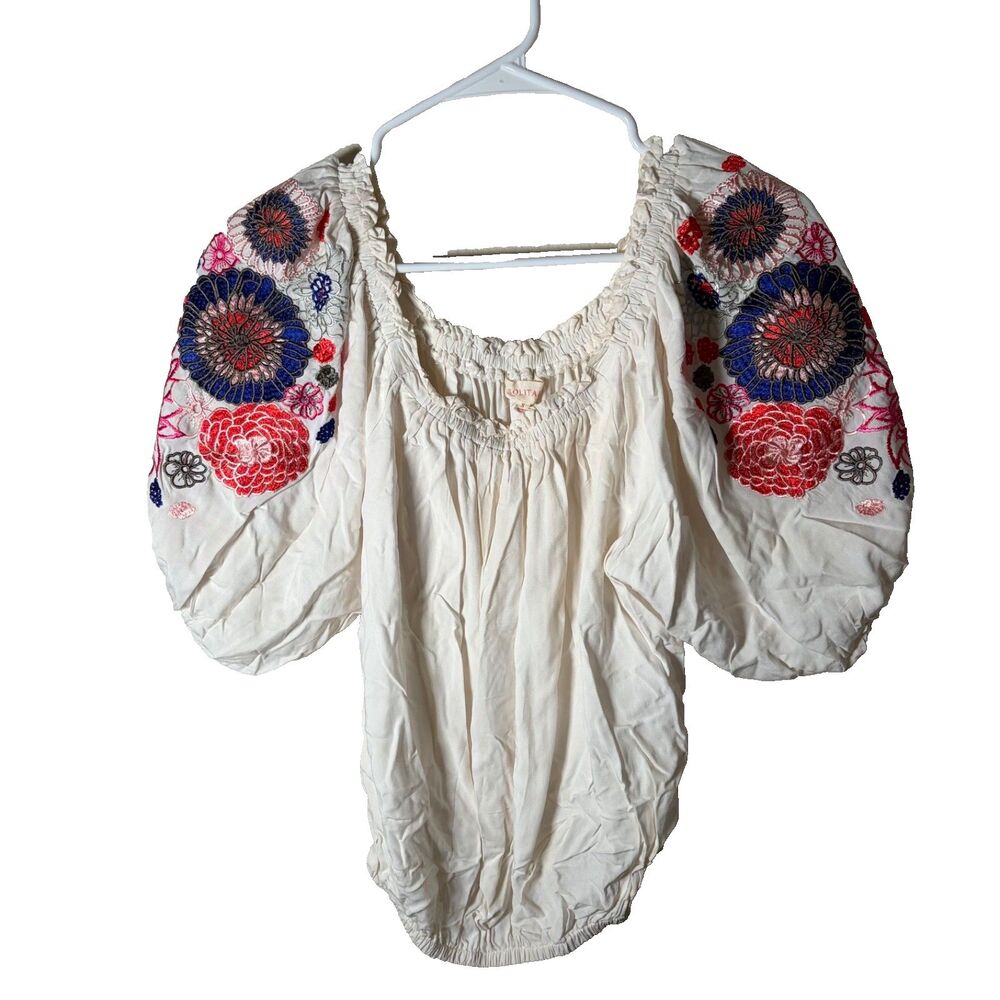 Solitaire Blouse Women's Small Puff Sleeve Embroidered Round Neck Shirt Top
